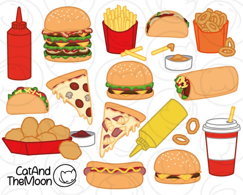 Fast Food Clipart, Junk Food Clip Art, Cute Food Clip Art, Kawaii Fast Food, Burger Clipart, Pizza Clipart, Taco Clipart, Kawaii Food image 2