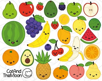 Clipart de frutas kawaii, frutas lindas, plátano, manzana, piña, aguacate, calcomanía digital, comida feliz, decoración de fiesta imprimible, imprimir y cortar