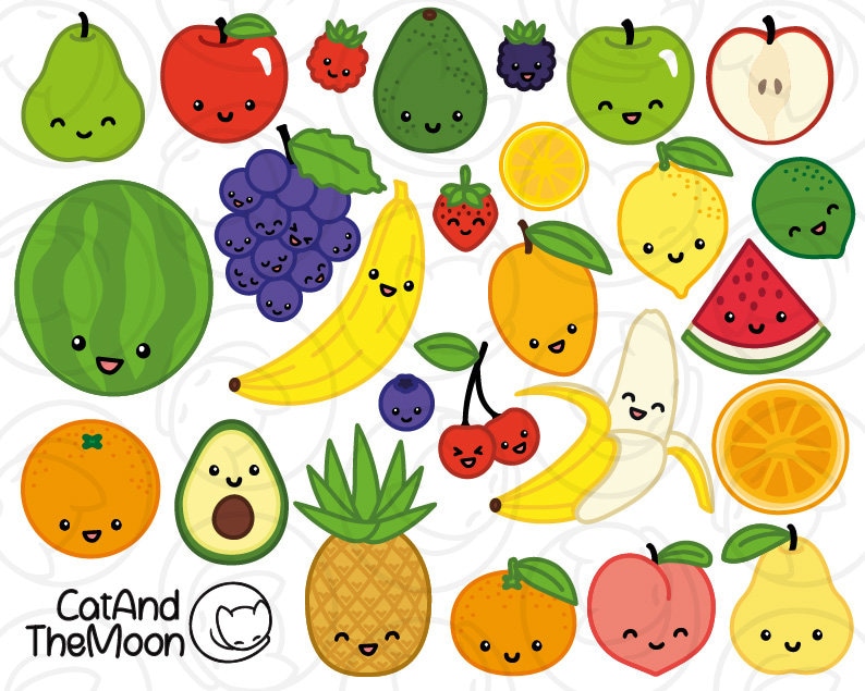 Op de afbeelding: Een verzameling kleurrijke cartoon fruit en groenten met vrolijke gezichten. Het fruit en de groenten omvatten een watermeloen, een peer, een appel, een citroen, een banaan, een ananas, een perzik, een sinaasappel, een avocado, een druif, een aardbei, een bosbes, een kers en een limoen.