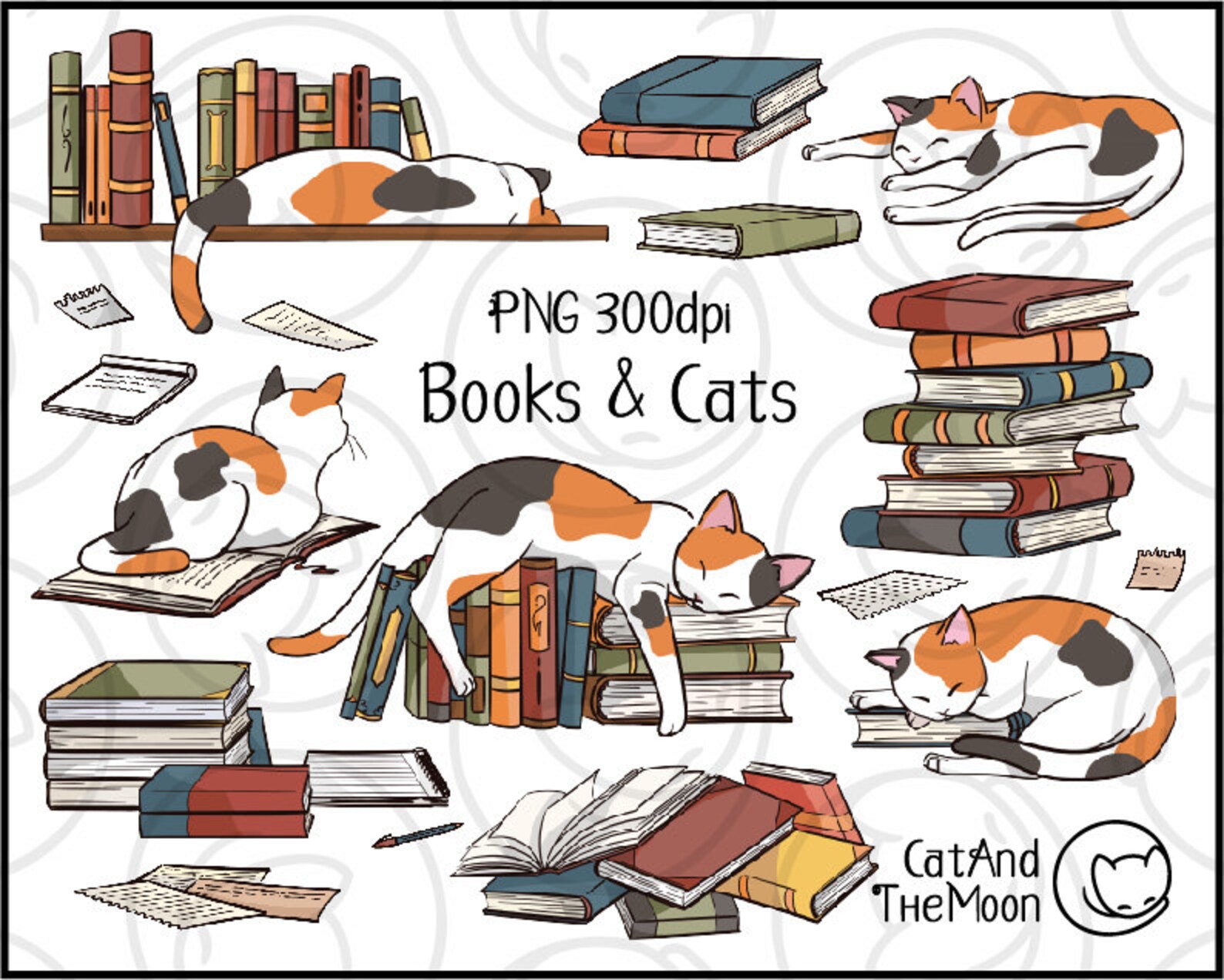 Books and Cats Clipart - Calico Cat Clipart Sleep on Books Illustration ...