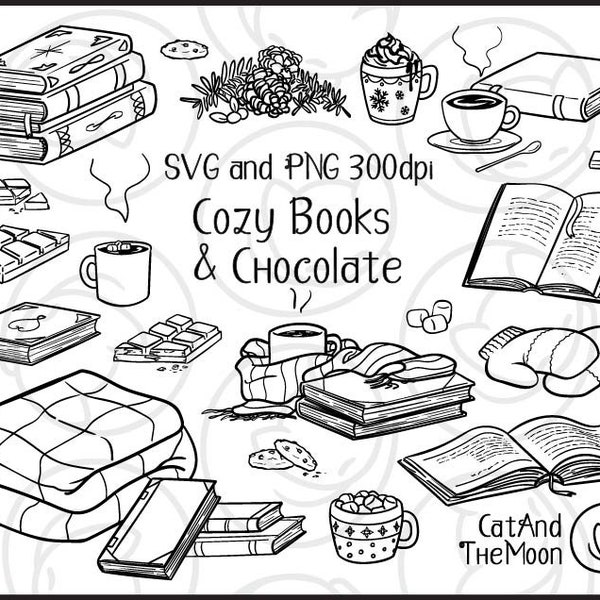 Cozy Books & Chocolate - Decoration Winter Books With Scarf, Outline Coloring Image, Print And Cut Illustration For Season Christmas Cards