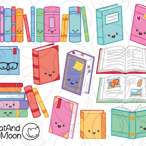 Kawaii Buch Clipart - Süße Bücher Rosa Blau Gläser Rot Orange Grün Karte Scrapbook Print Dann einfach geschnitten, um Png transparenten Hintergrund zu verwenden