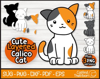 May include: Cute layered calico cat illustration with three different color variations: black, white, and orange. The illustration is perfect for crafting projects, scrapbooking, and digital design.