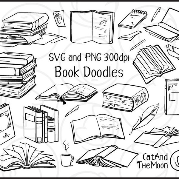 Boeken doodles - boek doodles clipart, literatuur clipart, hand getrokken clipart, boeken minnaar clipart, boek SVG, boek illustraties, boek clipart