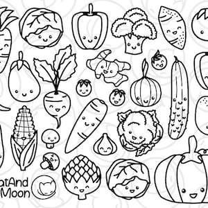 Könnte beinhalten: Schwarz-weiße Strichzeichnungen von verschiedenen Früchten und Gemüsen mit niedlichen Gesichtern. Die Illustrationen beinhalten eine Karotte, eine Aubergine, eine Zwiebel, Brokkoli, Blumenkohl, Paprika, eine Tomate, eine Gurke, eine Artischocke und mehr.