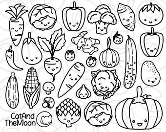 May include: Black and white line art illustrations of various fruits and vegetables with cute faces. The illustrations include a carrot, eggplant, onion, broccoli, cauliflower, pepper, tomato, cucumber, artichoke, and more.