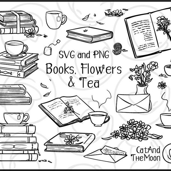 Book Clipart - Book Svg, Open Book Clipart, Wildflower Clipart, Teacup Clipart, Doodle Clipart, Book Stack Svg, Book Lover Clipart, Floral