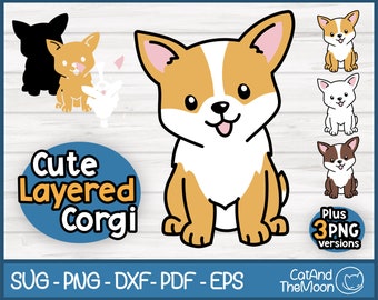 May include: Cute layered digital clipart of a corgi dog in various colors. The image includes three different color variations of the corgi, including a white and brown corgi, a brown and white corgi, and a white and orange corgi. The image also includes the text "Cute Layered Corgi" and "Plus 3PNG versions".