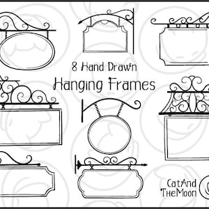 Puede incluir: Ocho marcos colgantes dibujados a mano en blanco y negro con diseños ornamentados. Los marcos están vacíos y listos para ser personalizados.
