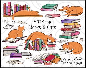 May include: Digital illustration of orange cats and stacks of books. The cats are sleeping on top of the books. The text "PNG 300dpi Books & Cats CatAndTheMoon" is included in the image.