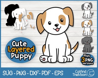 May include: A layered digital cut file of a cute puppy with brown ears and spots. The file includes three PNG versions of the puppy in black, white, and brown.