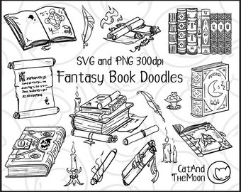 May include: A set of black and white illustrations of fantasy book doodles. The illustrations include a variety of books, scrolls, feathers, candles, and other magical objects. The text "SVG and PNG 300dpi Fantasy Book Doodles" is included in the image.