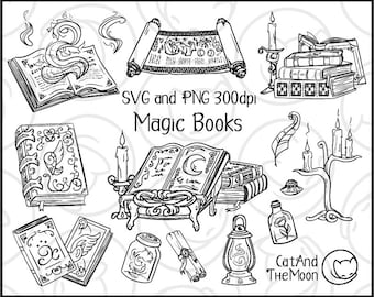 Pode incluir: Um conjunto de ilustrações em preto e branco de livros mágicos, rolos e outros objetos mágicos. As ilustrações são em um estilo caprichoso e incluem detalhes como chamas, estrelas e luas. O texto "SVG e PNG 300dpi Magic Books" está incluído na imagem.