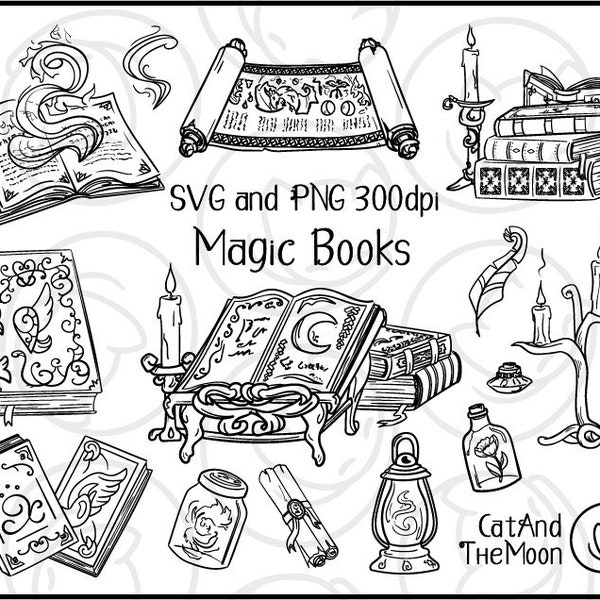 Magic Book Clipart - Digital Stamp Sorcerer Witch Doodles Candle Scroll Lantern Ink And Quill Sorcery Png Transparent Background