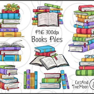 Puede incluir: Un conjunto de diez ilustraciones digitales de pilas de libros coloridos. Las ilustraciones son de estilo de dibujos animados y presentan varios colores y patrones. El texto "PNG 300dpi Books Piles" está incluido en la imagen.