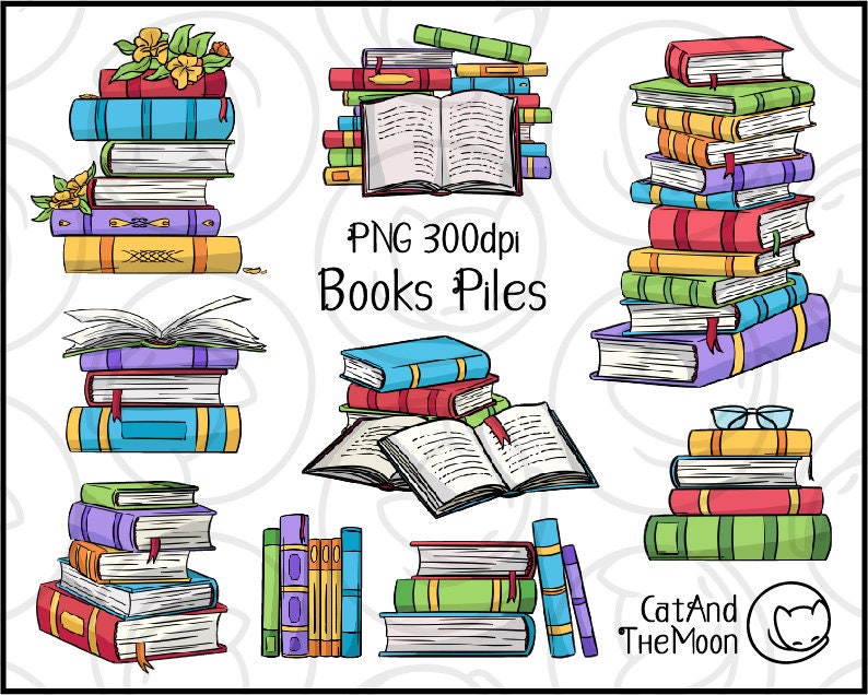 May include: A set of ten digital illustrations of colorful book stacks. The illustrations are in a cartoon style and feature various colors and patterns. The text "PNG 300dpi Books Piles" is included in the image.