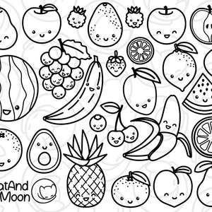 Tampon numérique de fruits mignons - Kawaii banane, pomme, mangue, avocat, orange, raisin, pêche, poire Png facile à utiliser avec fond transparent