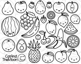 Leuke digitale fruitstempel - kawaii banaan, appel, mango, avocado, sinaasappel, druif, perzik, peer, eenvoudig te gebruiken png met transparante achtergrond
