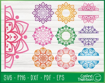 May include: A collection of colorful mandala designs in various colors, including pink, purple, orange, and green. The designs are displayed on a white wooden background. The image also includes the text "SVG - PNG - DXF - PDF - EPS" and the CatAndTheMoon logo.