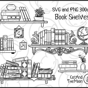 Book Shelves - Book Svg Easy To Use Image Set With Transparent Background Bookshelf Aesthetic Outline Digital Stamp Drawing for Coloring