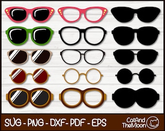 May include: A set of 10 different styles of sunglasses, including round, square, cat-eye, and aviator shapes. The sunglasses are in black, white, red, green, and brown.