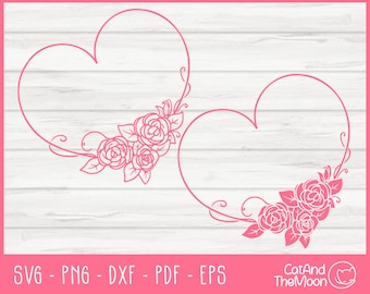 May include: Two pink heart-shaped frames with floral designs. Each frame has a cluster of stylized flowers with leaves.