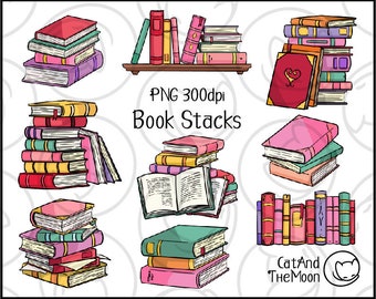 May include: A set of 10 hand-drawn illustrations of book stacks in various colors and styles. PNG 300dpi Book Stacks CatAndTheMoon