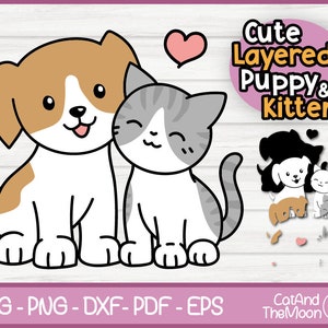 Chat et chien Svg - chiot et chaton en couches mignons, animaux de compagnie Kawaii Png, chiot et kitty coupe fichiers, décoration de papeterie cartes clipart chat tigré