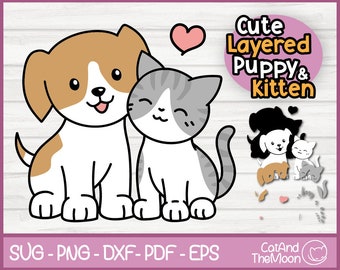 May include: A digital clipart design featuring a cute cartoon puppy and kitten. The puppy is brown and white with floppy ears and a wagging tail. The kitten is gray and white with a striped tail. The design is perfect for creating crafts, cards, and other projects.