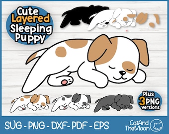 May include: A layered digital clipart image of a sleeping puppy with brown spots. The puppy is white with brown ears and brown spots on its back. The image is available in three different versions, including a black and white version.