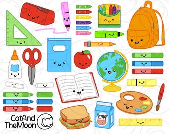 May include: A set of 15 colorful cartoon school supplies with happy faces. The set includes a pencil, crayons, a ruler, a backpack, a globe, a book, scissors, glue, markers, a lunchbox, a paint palette, and an apple.  CatAndTheMoon is written at the bottom of the image.