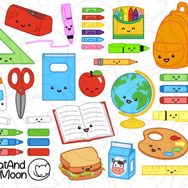 Cute School Clipart - Kawaii School Easy To Use Png Transparent Background Supplies, Scissors Globe Pencil Crayon Backpack Glue Lunch Milk