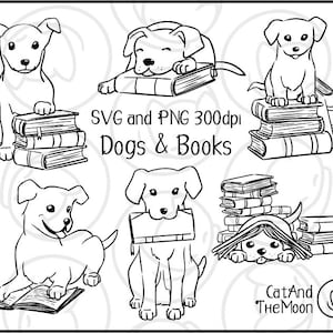 Hunde und Bücher svg - Einfach zu verwendender Bücherstapel, Welpe, der Hand gezeichneten digitalen Stempel glücklicher Hund mit Buch im Mund PNG transparenten Hintergrund liest