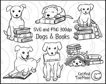 May include: Black and white line art illustrations of dogs reading books.  The illustrations feature five different dogs, each with a stack of books.  The text "SVG and PNG 300dpi Dogs & Books" is at the top of the image.