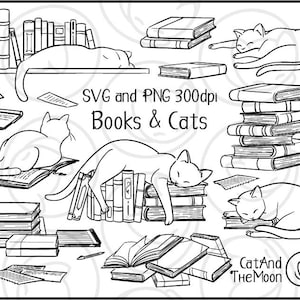 Clipart livres et chats - Tampon numérique Animal de compagnie dormant sur des livres Illustration étudier le bureau à domicile dessin facile à utiliser Png arrière-plan transparent