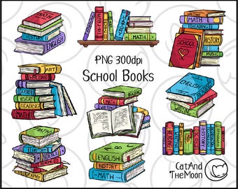 School Books - Book Stack Clipart Png Easy To Use Image Set With Transparent Background, Teacher Student Print Decoration Doodles Book Piles