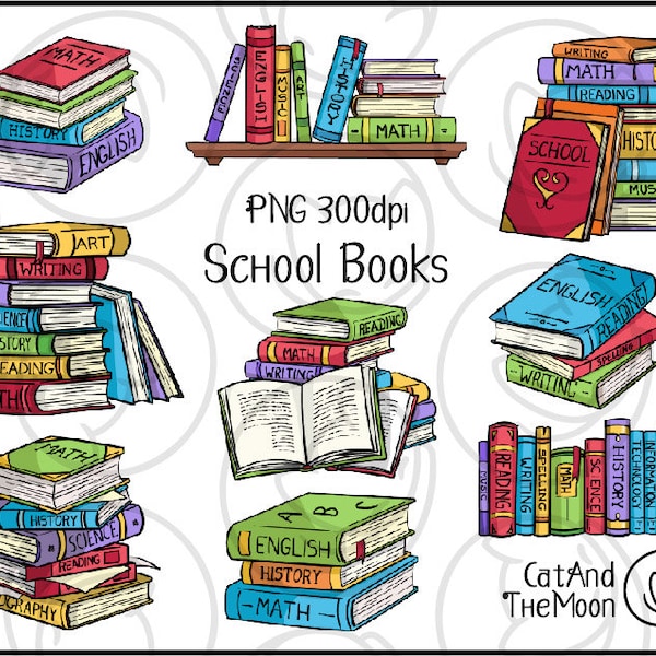 School Books - Book Stack Clipart Png Easy To Use Image Set With Transparent Background, Teacher Student Print Decoration Doodles Book Piles