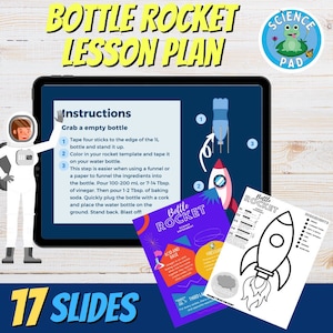 May include: A science lesson plan titled "Bottle Rocket" displayed on a tablet, with instructions and illustrations. Includes a cartoon astronaut, a "Science Pad" sticker, and additional printed materials with rocket diagrams and experiment details.