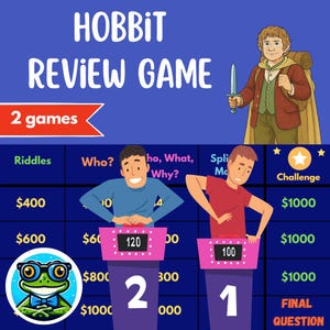 May include: A blue game board with the text "HOBBIT REVIEW GAME" and illustrations of characters. The game board features categories like "Riddles" and "Challenge", with dollar amounts. Two contestants stand at podiums.