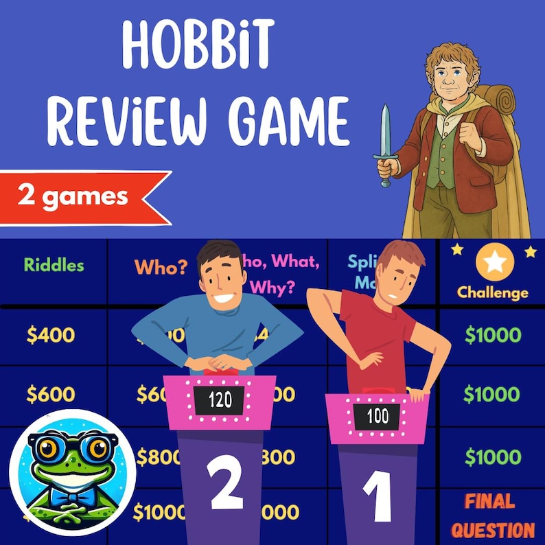 May include: A blue game board with the text "HOBBIT REVIEW GAME" and illustrations of characters. The game board features categories like "Riddles" and "Challenge", with dollar amounts. Two contestants stand at podiums.