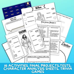 May include: A collection of white paper sheets with black text and illustrations. The sheets include character analysis, trivia games, and final projects. The text on the bottom reads: "16 ACTIVITIES. FINAL PROJECTS, TESTS, CHARACTER ANALYSIS SHEETS, TRIVIA GAMES."