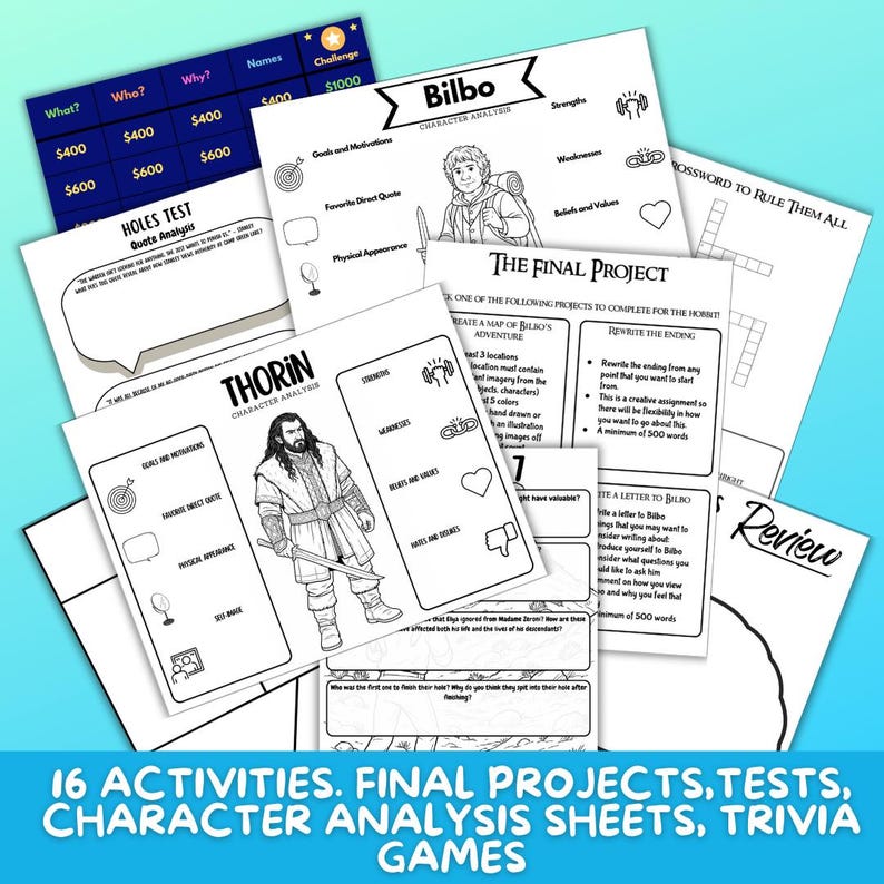 May include: A collection of white paper sheets with black text and illustrations. The sheets include character analysis, trivia games, and final projects. The text on the bottom reads: "16 ACTIVITIES. FINAL PROJECTS, TESTS, CHARACTER ANALYSIS SHEETS, TRIVIA GAMES."