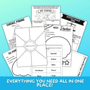 May include: A collection of white paper worksheets with black text and illustrations. The worksheets include themes like "My Theme," "Evidence Pyramid," and "Bilbo's Journey." The phrase "Everything You Need All In One Place!" is at the bottom.