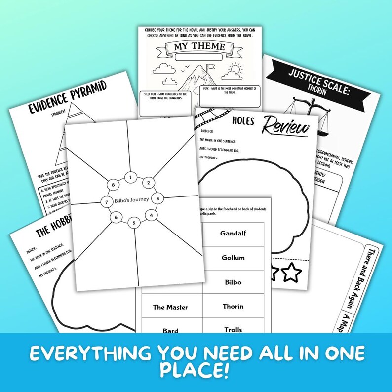 May include: A collection of white paper worksheets with black text and illustrations. The worksheets include themes like "My Theme," "Evidence Pyramid," and "Bilbo's Journey." The phrase "Everything You Need All In One Place!" is at the bottom.