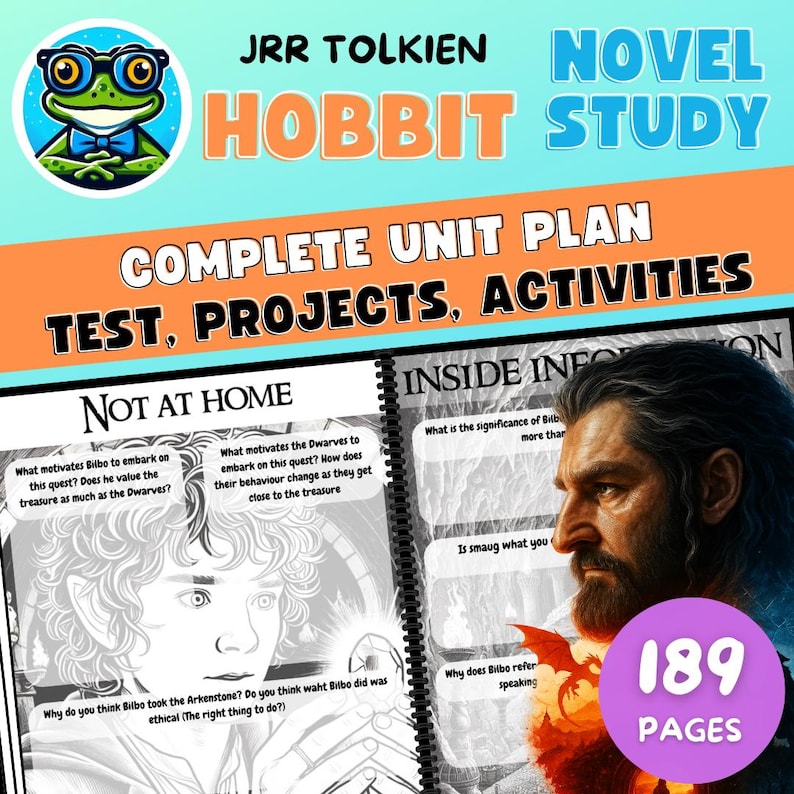 May include: A spiral-bound study guide for JRR Tolkien's "The Hobbit" novel. The cover features a frog illustration and text that reads "Novel Study" and "Complete Unit Plan Test, Projects, Activities." Inside, there are pages with questions and illustrations.