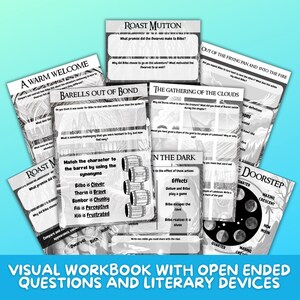 May include: A visual workbook with open-ended questions and literary devices. The workbook features several pages with text and illustrations, including questions about characters and events. The text includes the phrases "Roast Mutton" and "A Warm Welcome."