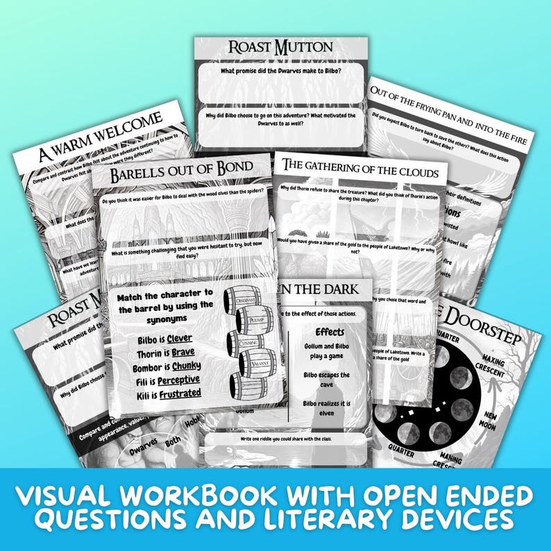May include: A visual workbook with open-ended questions and literary devices. The workbook features several pages with text and illustrations, including questions about characters and events. The text includes the phrases "Roast Mutton" and "A Warm Welcome."