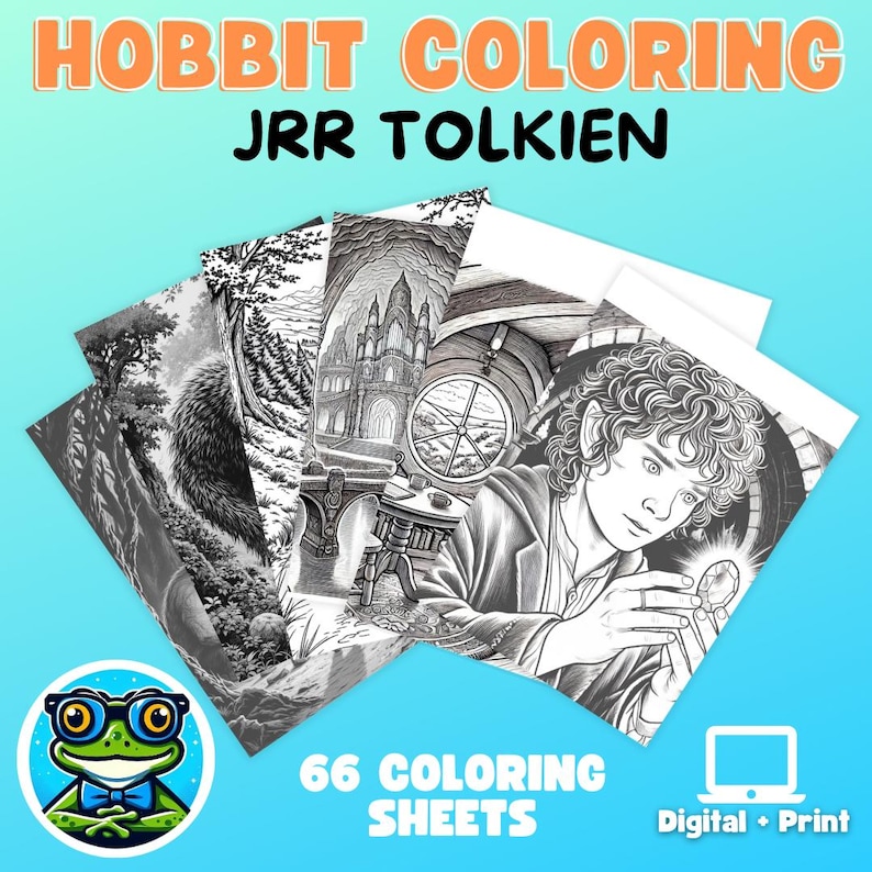 May include: A collection of 66 coloring sheets featuring illustrations from JRR Tolkien's "The Hobbit." The sheets are black and white and include images of characters and scenes. The title "Hobbit Coloring" is displayed in orange text.