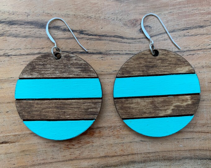 Blue Turquoise Striped Beachy Boho 80s Style Surfer Wood Earrings