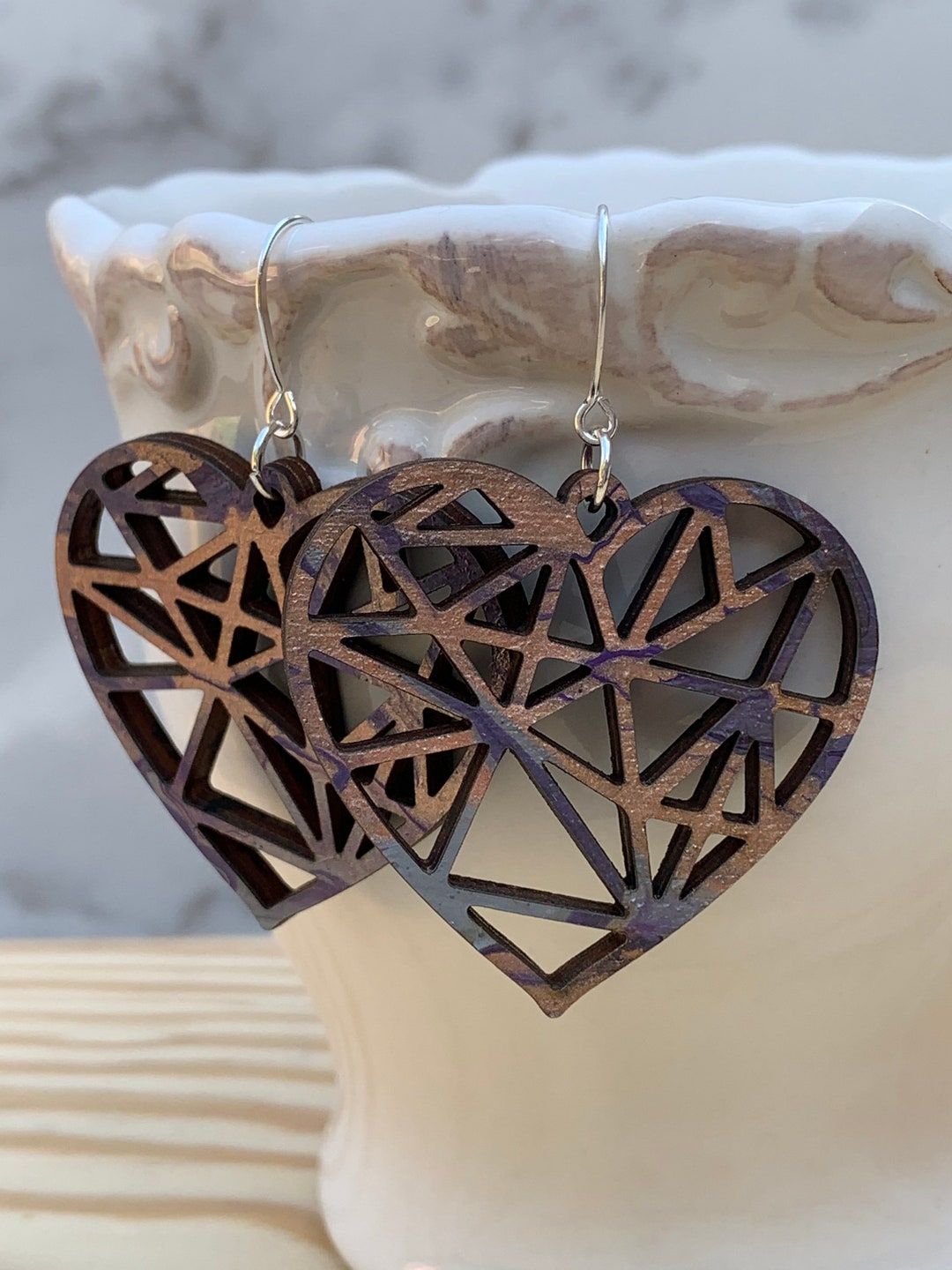 Boucles d'oreilles feuilles, bois bicolore et argent sterling, faits